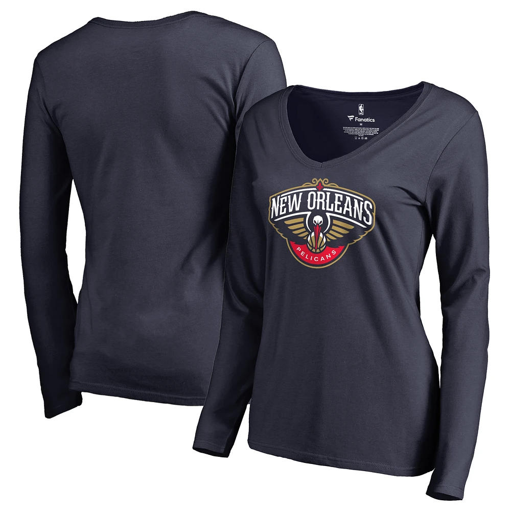 Women's Navy New Orleans Pelicans Primary Logo V-Neck Long Sleeve T-Shirt