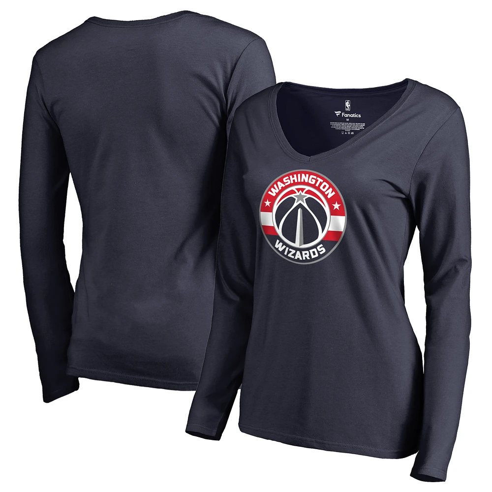 Women's Navy Washington Wizards Primary Logo V-Neck Long Sleeve T-Shirt