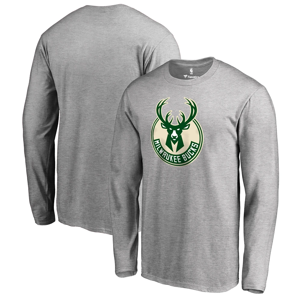 Men's Heather Gray Milwaukee Bucks Primary Logo Long Sleeve T-Shirt