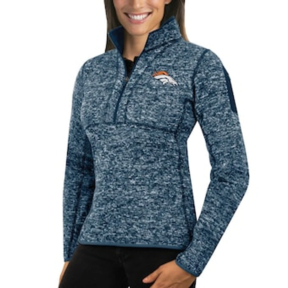 Women's Antigua Heather Navy Denver Broncos Fortune Half-Zip Sweater