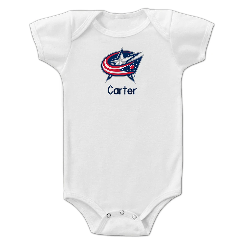 Infant White Columbus Blue Jackets Personalized Bodysuit