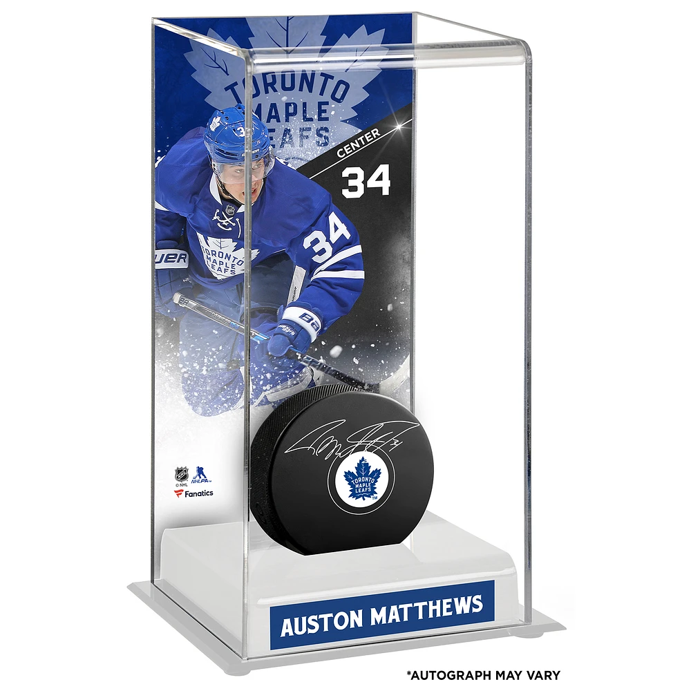 Auston Matthews Toronto Maple Leafs Autographed Hockey Puck with Deluxe Tall Hockey Puck Case