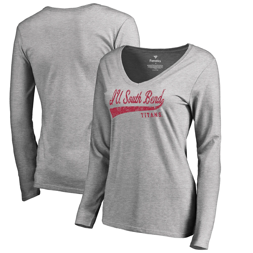 Women's Heathered Gray Indiana University South Bend Titans All-American Primary Long Sleeve V-Neck T-Shirt