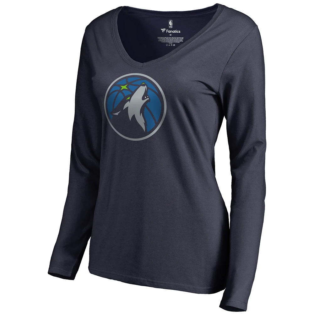 Women's Navy Minnesota Timberwolves Primary Logo V-Neck Long Sleeve T-Shirt