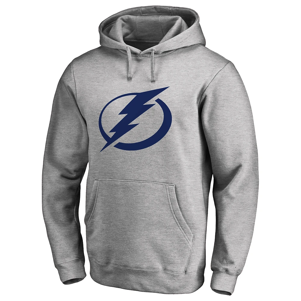 Men's Heather Gray Tampa Bay Lightning Primary Team Logo Fleece Fitted Pullover Hoodie
