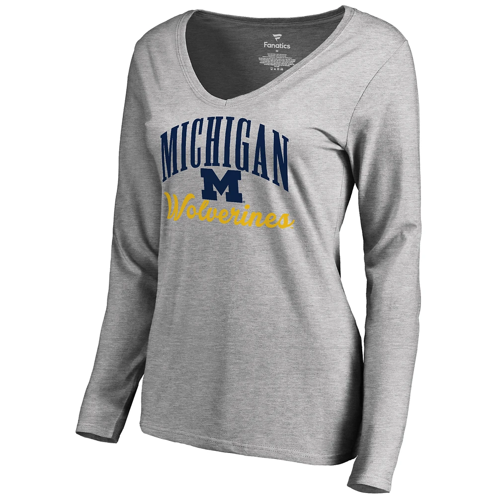 Women's Ash Michigan Wolverines Victory Script Long Sleeve T-Shirt