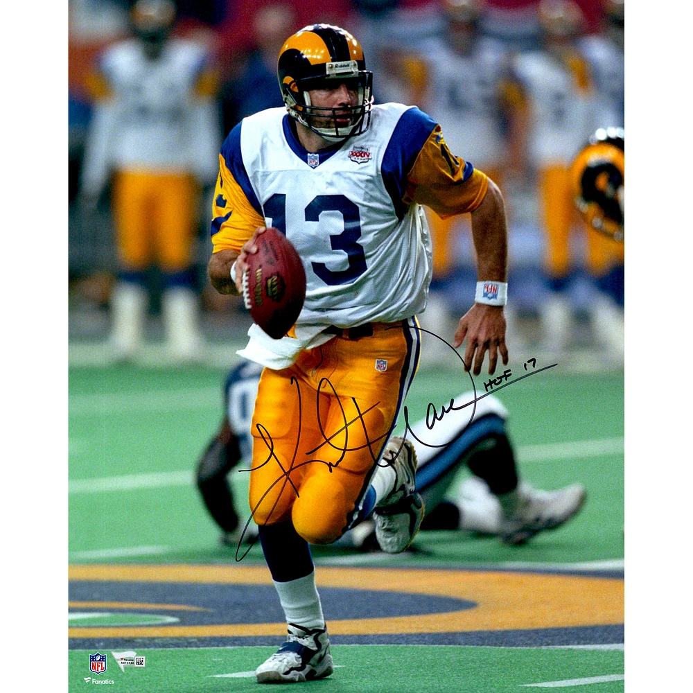 Kurt Warner St. Louis Rams Autographed 16" x 20" Super Bowl Photograph with "HOF 17" Inscription