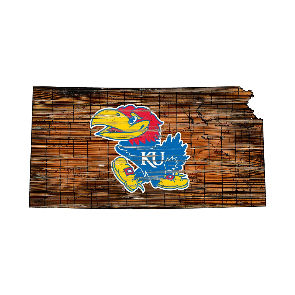 Kansas Jayhawks 23.5" x 23.5" Distressed State with Logo Sign