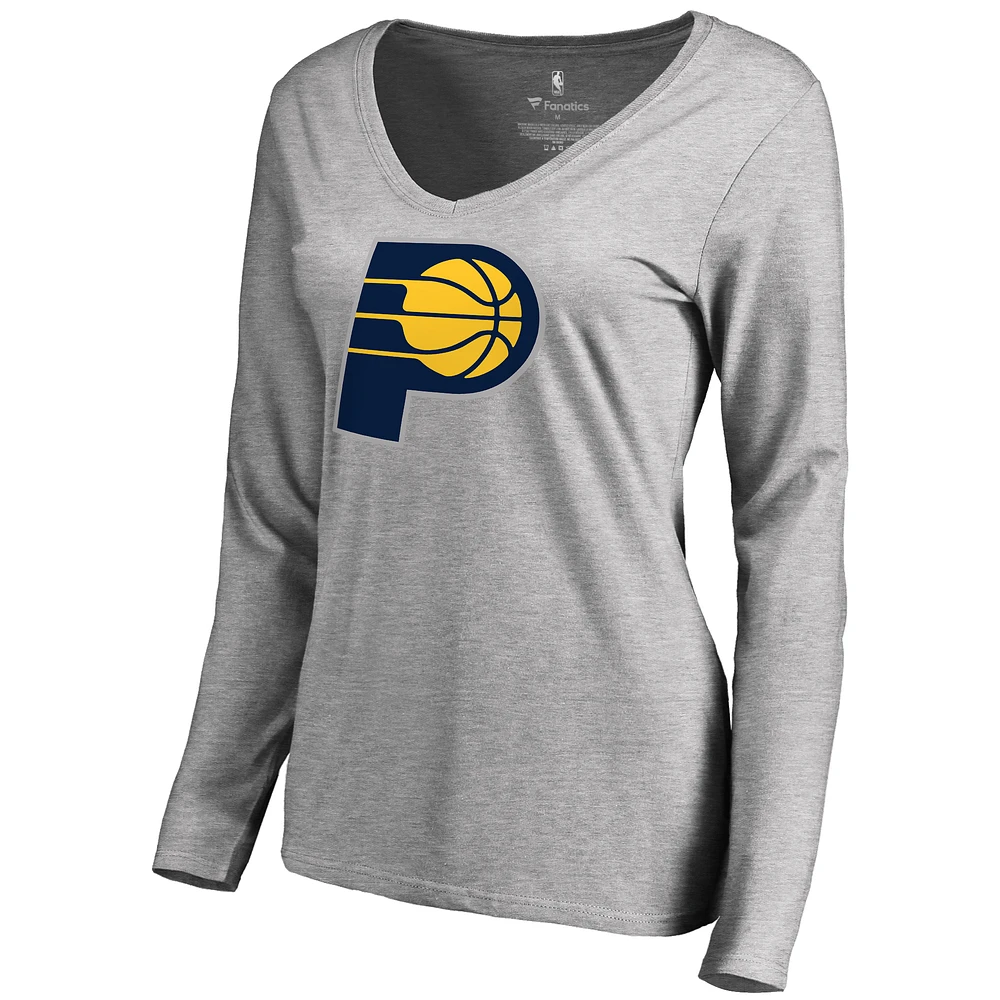 Women's Heather Gray Indiana Pacers Primary Logo V-Neck Long Sleeve T-Shirt