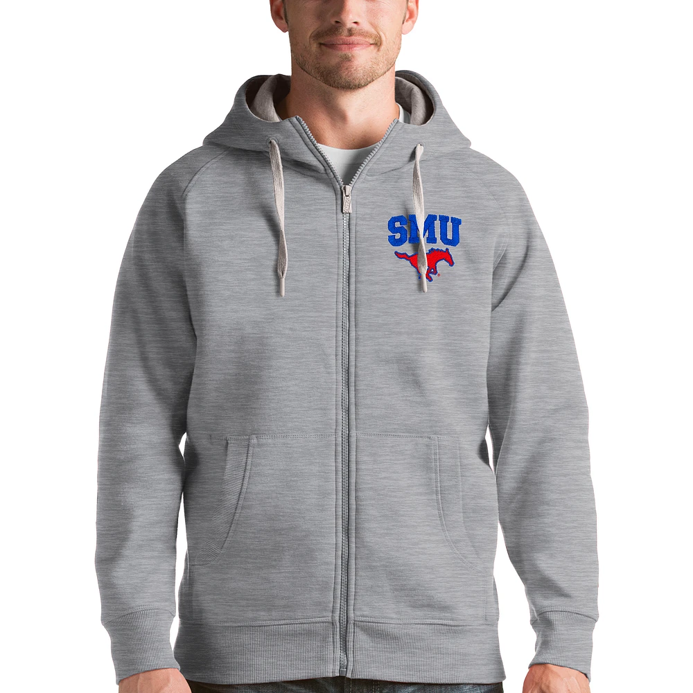 Men's Antigua Gray SMU Mustangs Victory Full-Zip Hoodie