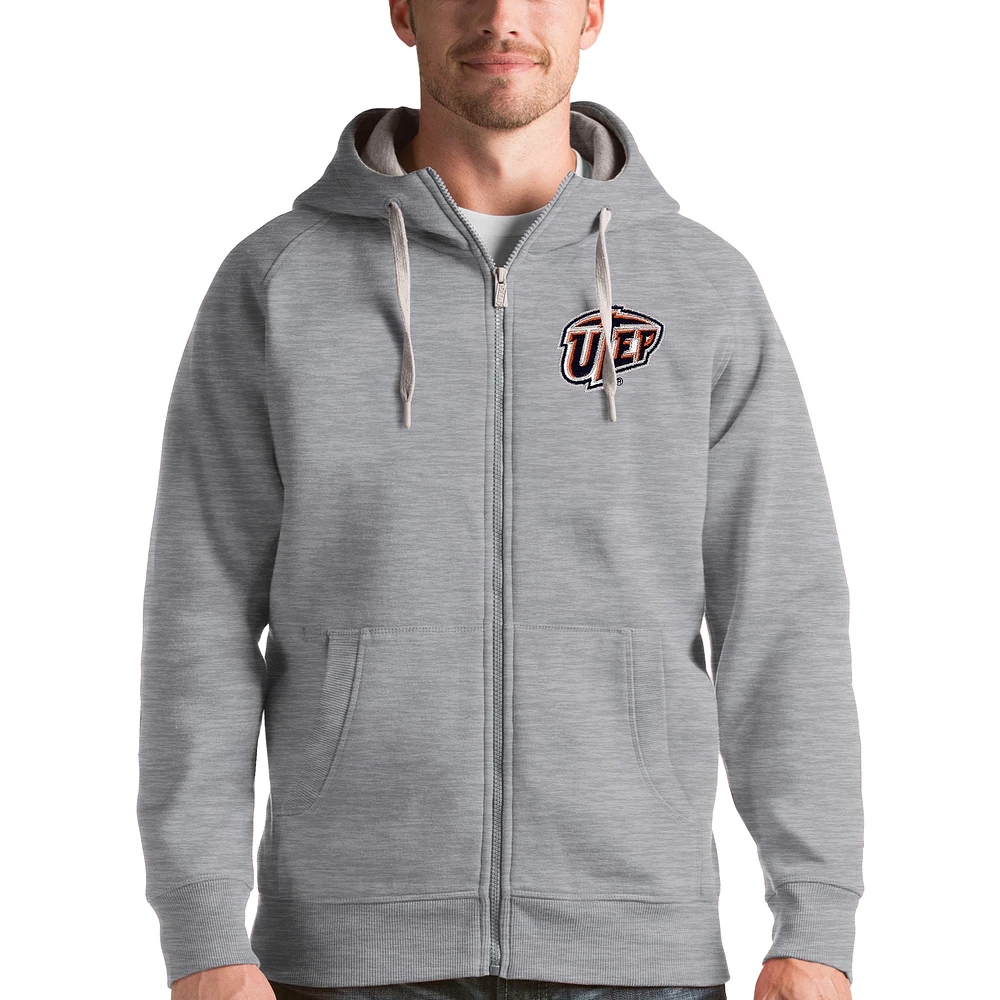 Men's Antigua Gray UTEP Miners Victory Full-Zip Hoodie
