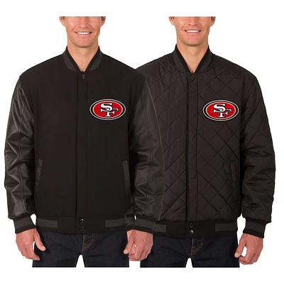 Men's JH Design Black San Francisco 49ers Wool & Leather Reversible Jacket with Embroidered Logos