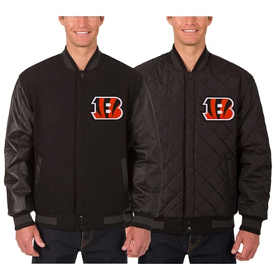 Men's JH Design Black Cincinnati Bengals Wool & Leather Reversible Jacket with Embroidered Logos