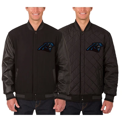 Men's JH Design Black Carolina Panthers Wool & Leather Reversible Jacket with Embroidered Logos