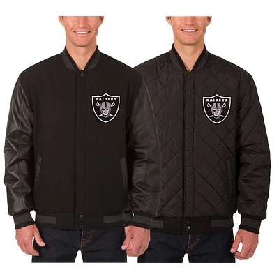Men's JH Design Black Las Vegas Raiders Wool & Leather Reversible Jacket with Embroidered Logos