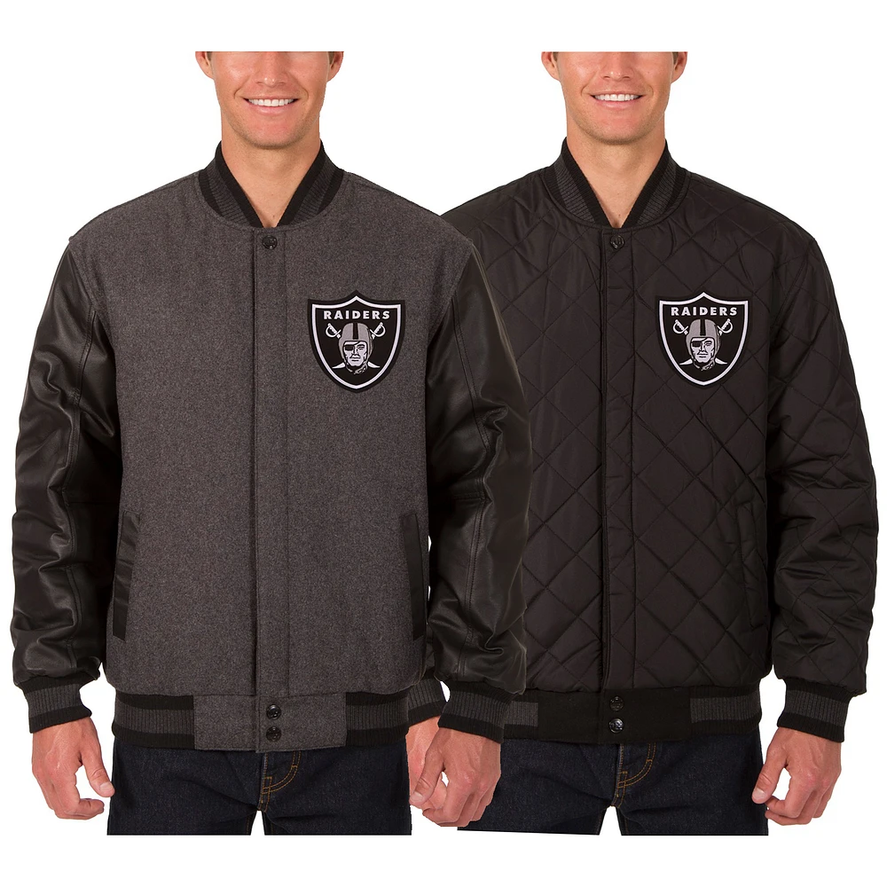Men's JH Design Charcoal Las Vegas Raiders Wool & Leather Reversible Jacket with Embroidered Logos