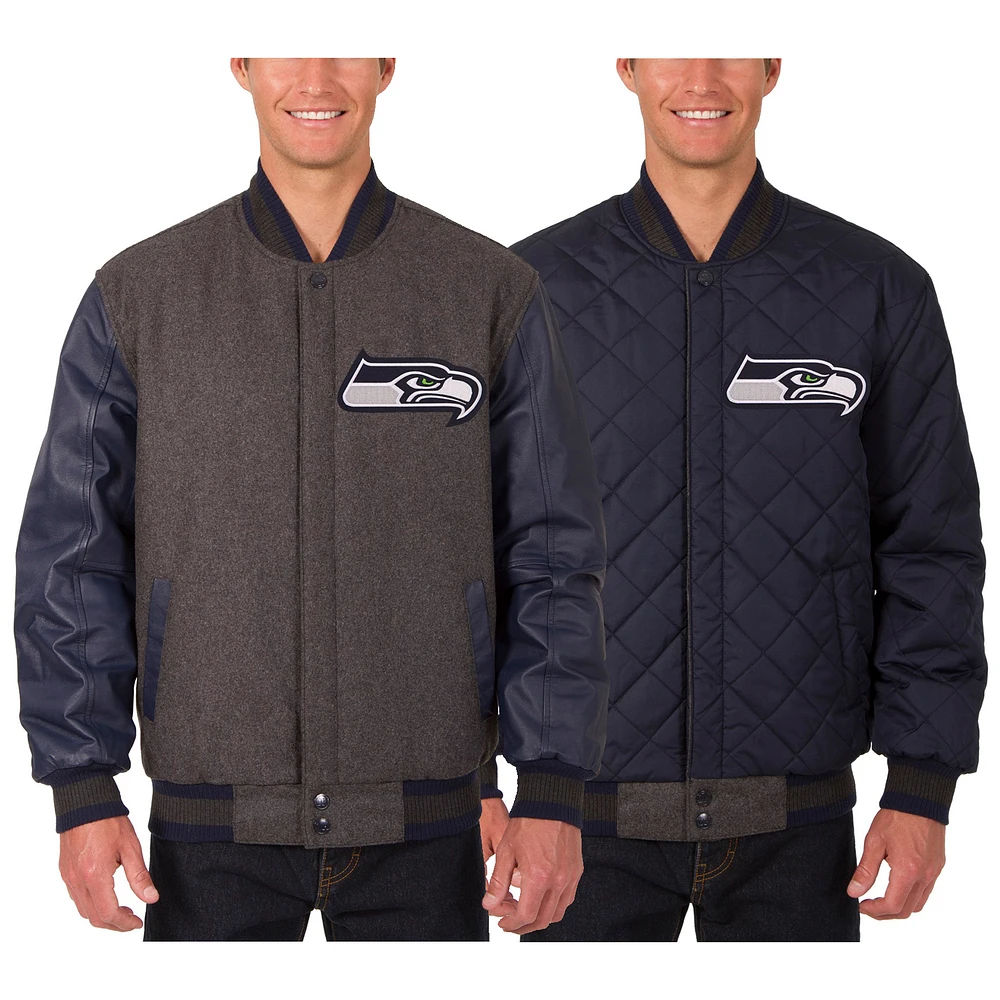 Men's JH Design Charcoal Seattle Seahawks Wool & Leather Reversible Jacket with Embroidered Logos