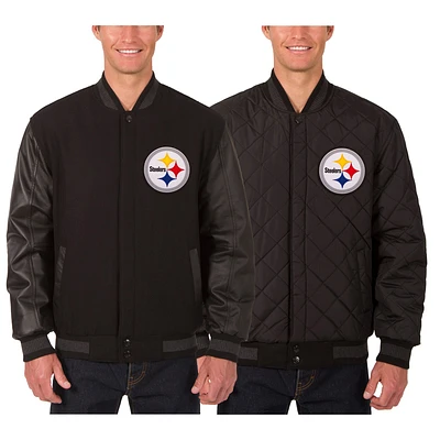 Men's JH Design Black Pittsburgh Steelers Wool & Leather Reversible Jacket with Embroidered Logos