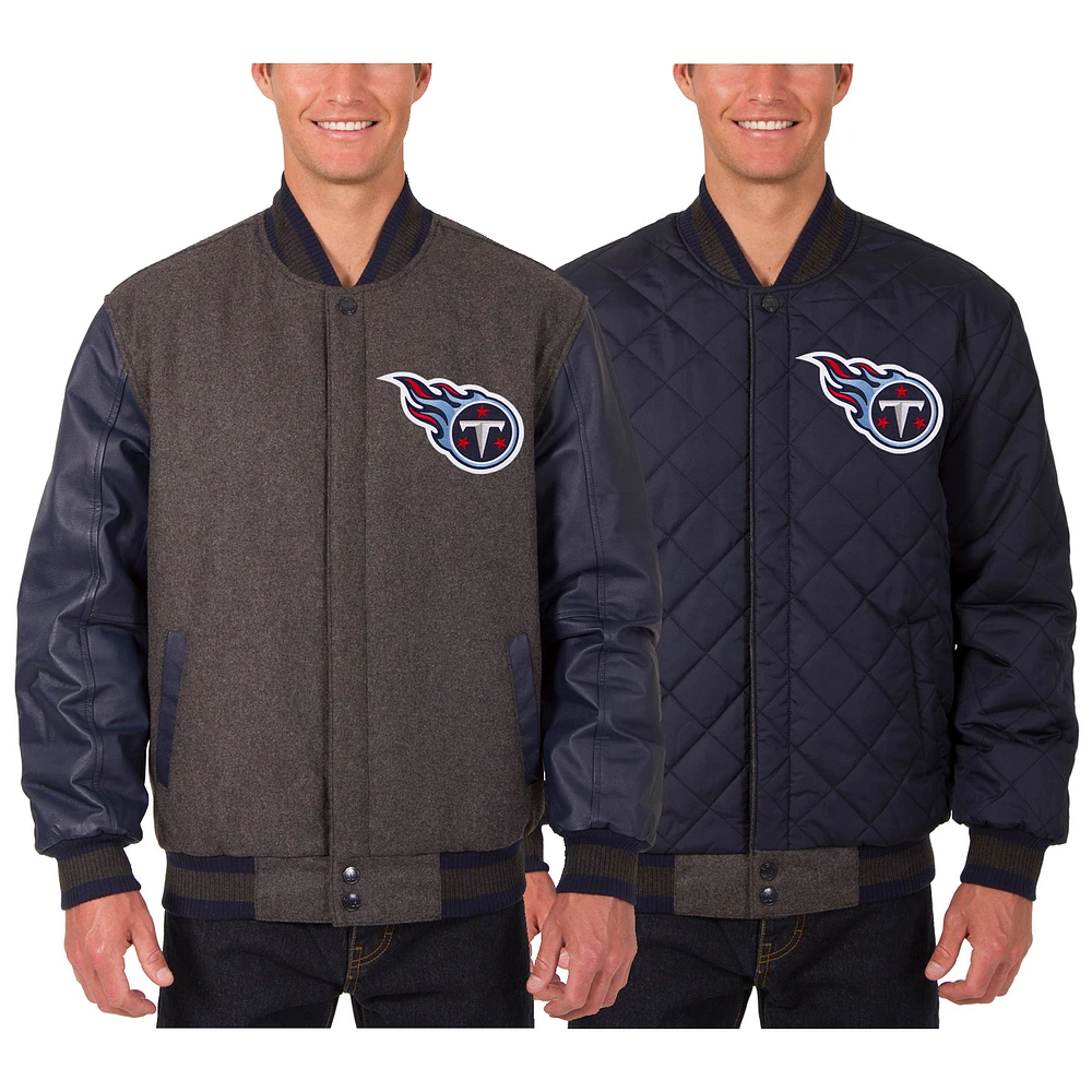 Men's JH Design Charcoal Tennessee Titans Wool & Leather Reversible Jacket with Embroidered Logos