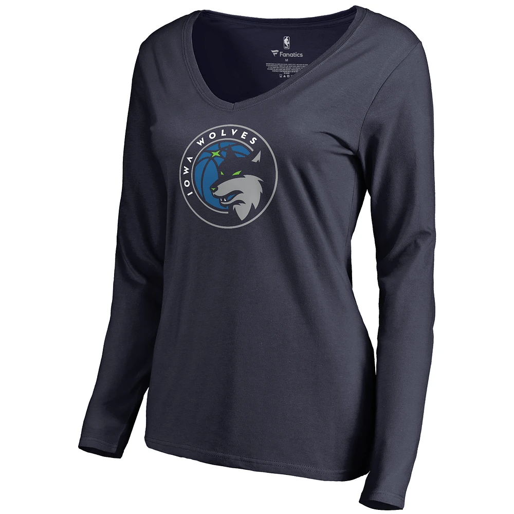 Women's Navy Iowa Wolves Primary Logo Long Sleeve V-Neck T-Shirt
