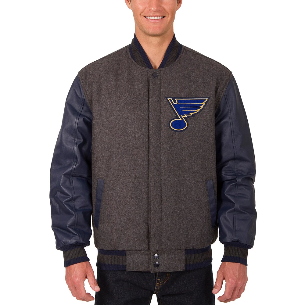 Men's JH Design Charcoal/Navy St. Louis Blues Wool & Leather Front Hit Reversible Jacket
