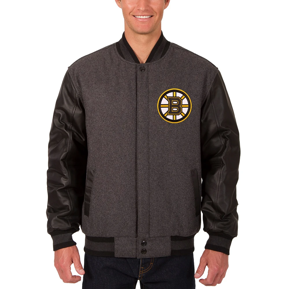 Men's JH Design Charcoal/Black Boston Bruins Wool & Leather Front Hit Reversible Jacket