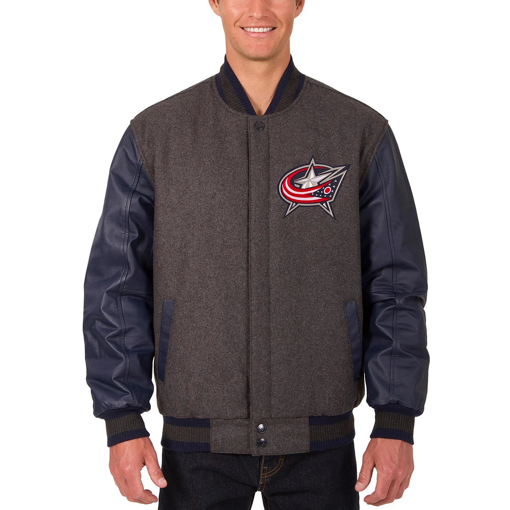Men's JH Design Charcoal/Navy Columbus Blue Jackets Reversible Wool & Leather Full-Snap Jacket