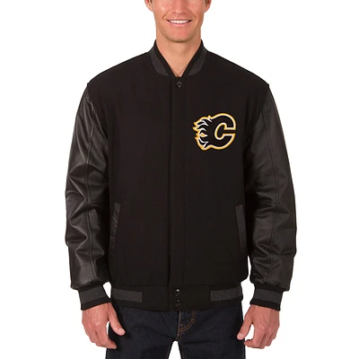 Men's JH Design Black Calgary Flames Reversible Wool & Leather Full-Snap Jacket
