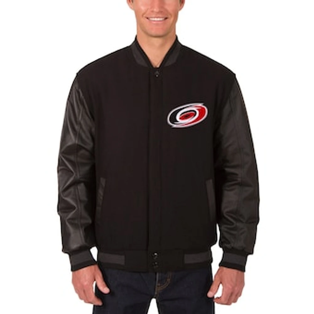 Men's JH Design Black Carolina Hurricanes Reversible Wool & Leather Full-Snap Jacket