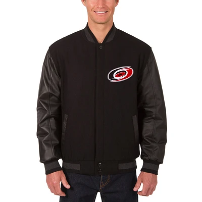Men's JH Design Black Carolina Hurricanes Reversible Wool & Leather Full-Snap Jacket