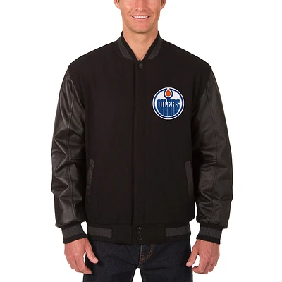 Men's JH Design Black Edmonton Oilers Reversible Wool & Leather Full-Snap Jacket