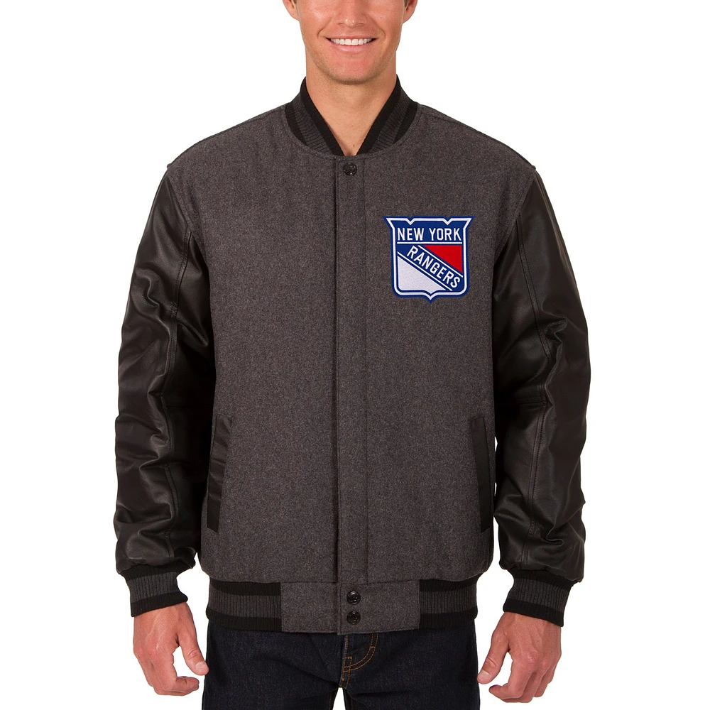 Men's JH Design Charcoal/Black New York Rangers Wool & Leather Front Hit Reversible Jacket