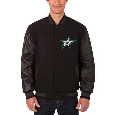 Men's JH Design Black Dallas Stars Reversible Wool & Leather Full-Snap Jacket