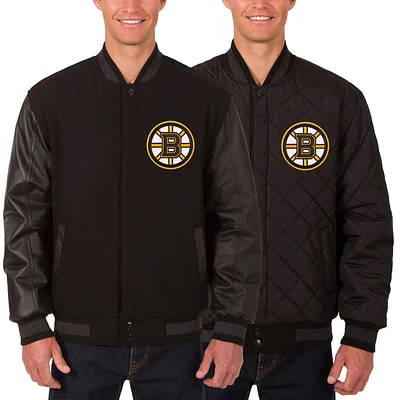 Men's JH Design Black Boston Bruins Two Hit Wool & Leather Reversible Jacket