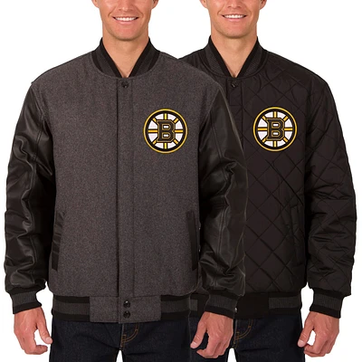 Men's JH Design Charcoal/Black Boston Bruins Two Hit Wool & Leather Reversible Jacket