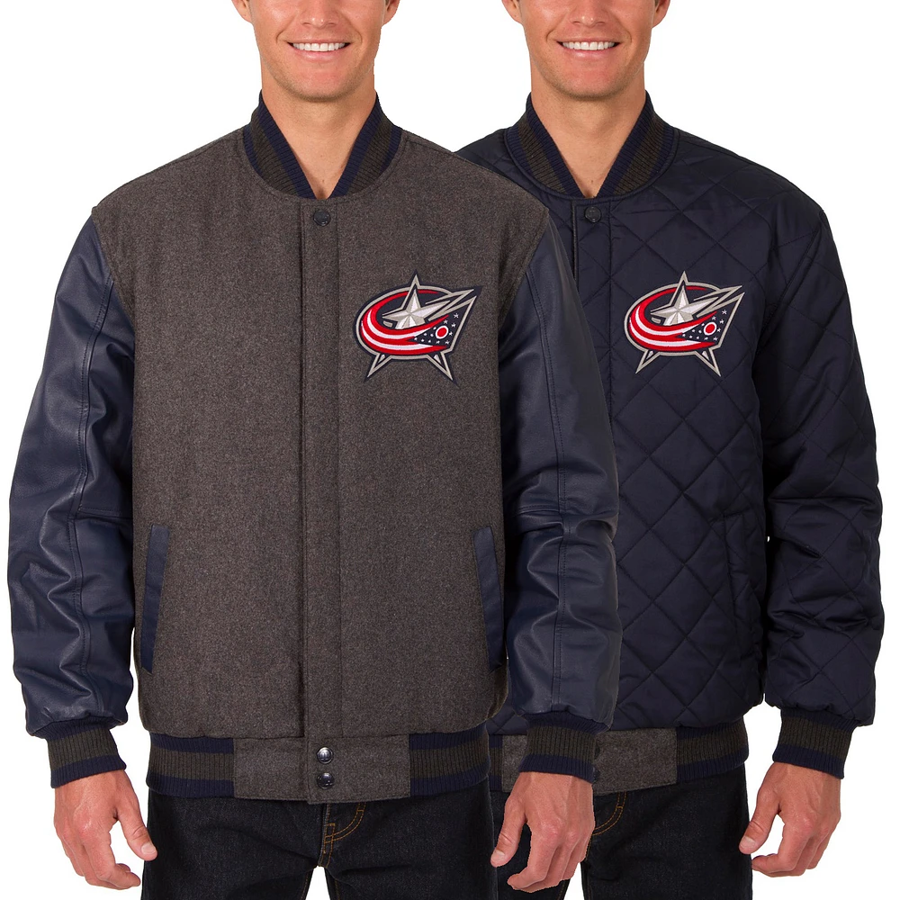 Men's JH Design Charcoal/Navy Columbus Blue Jackets Two Hit Wool & Leather Reversible Jacket