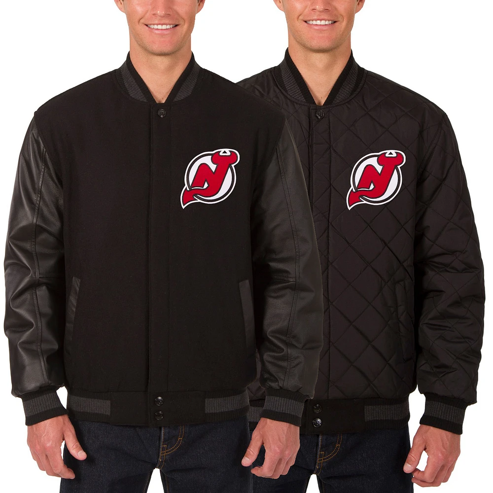 Men's JH Design Black New Jersey Devils Two Hit Wool & Leather Reversible Jacket