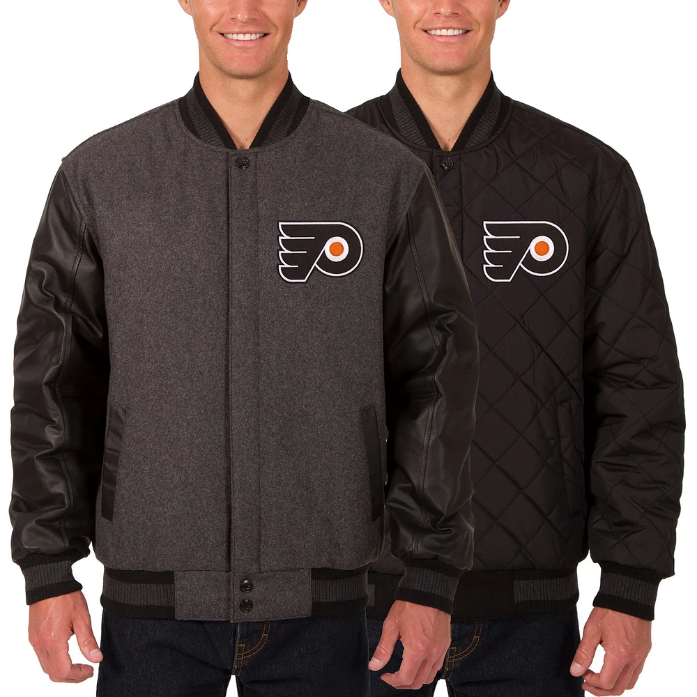 Men's JH Design Charcoal/Black Philadelphia Flyers Two Hit Wool & Leather Reversible Jacket