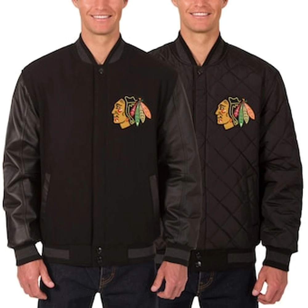 Men's JH Design Black Chicago Blackhawks Two Hit Wool & Leather Reversible Jacket