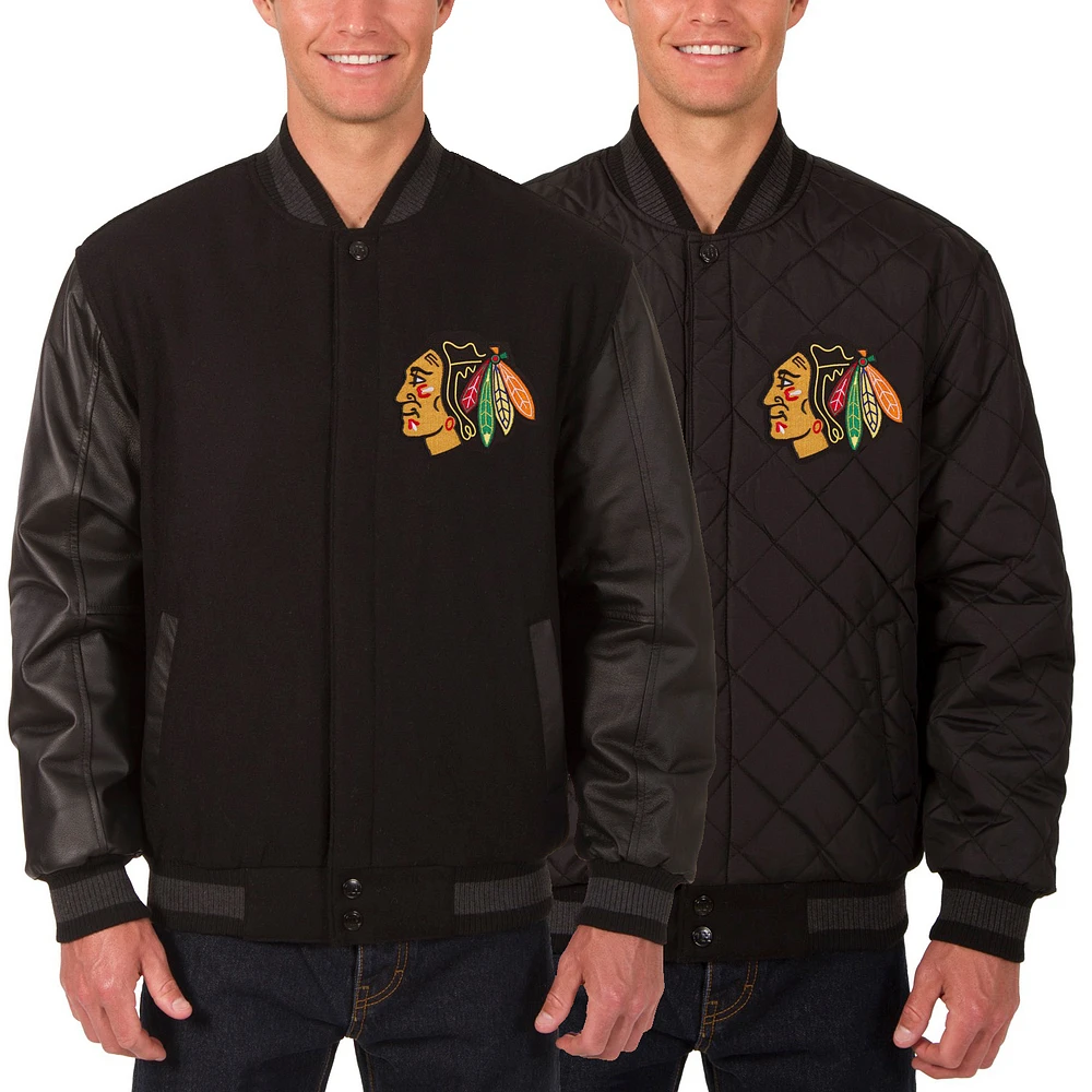 Men's JH Design Black Chicago Blackhawks Two Hit Wool & Leather Reversible Jacket