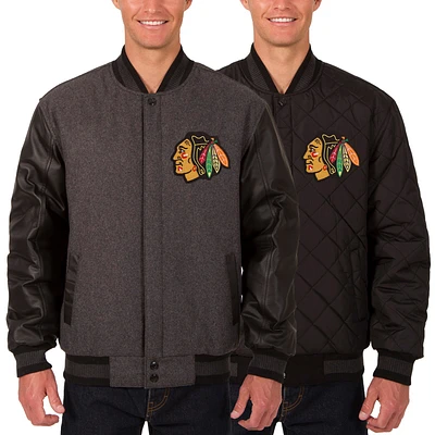 Men's JH Design Charcoal/Black Chicago Blackhawks Two Hit Wool & Leather Reversible Jacket