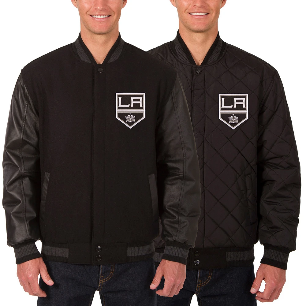 Men's JH Design Black Los Angeles Kings Two Hit Wool & Leather Reversible Jacket