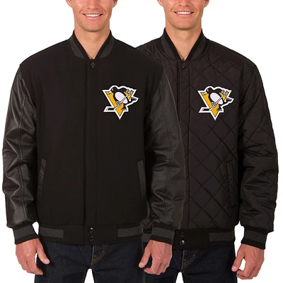 Men's JH Design Black Pittsburgh Penguins Two Hit Wool & Leather Reversible Jacket