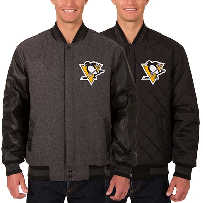 Men's JH Design Charcoal/Black Pittsburgh Penguins Two Hit Wool & Leather Reversible Jacket