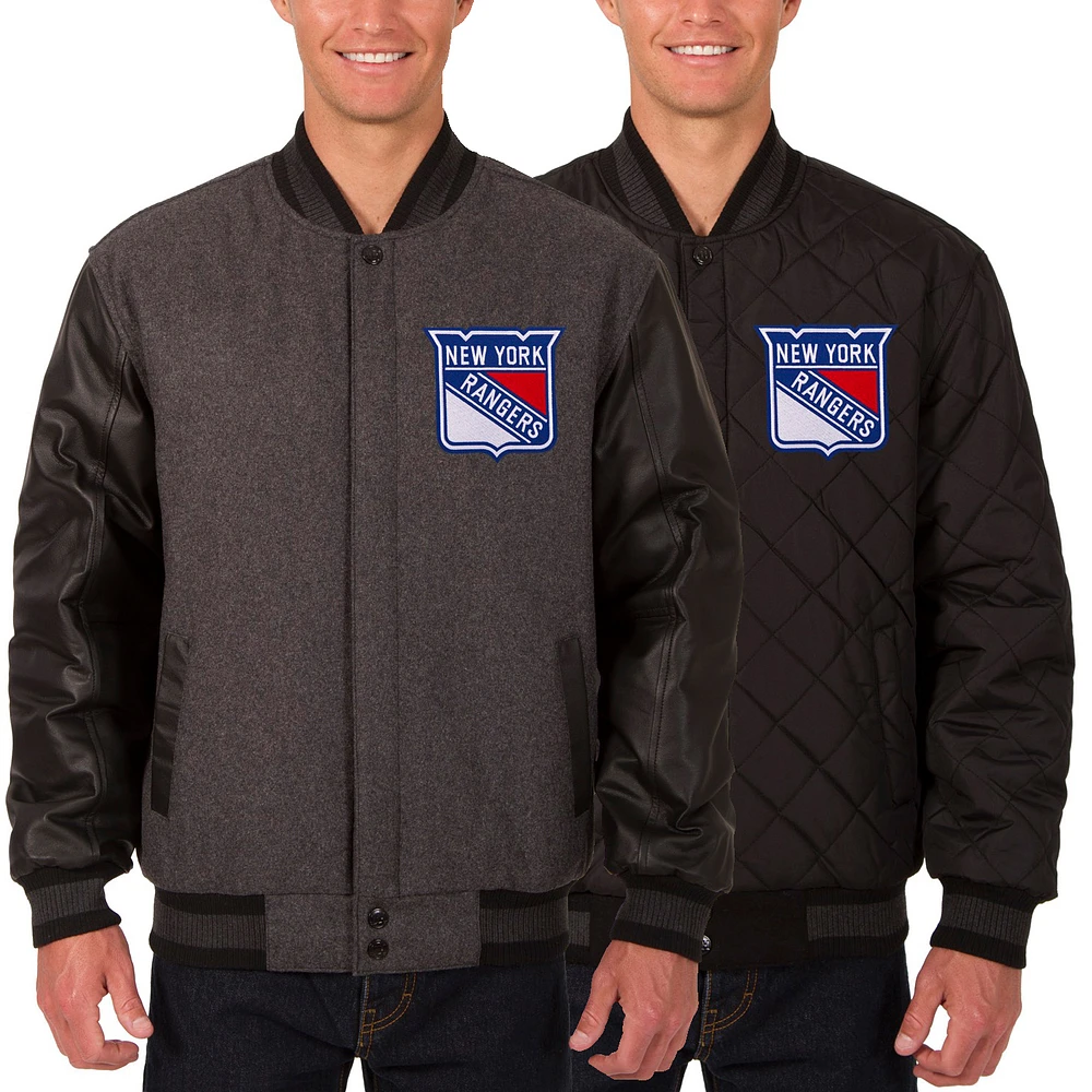 Men's JH Design Charcoal/Black New York Rangers Two Hit Wool & Leather Reversible Jacket