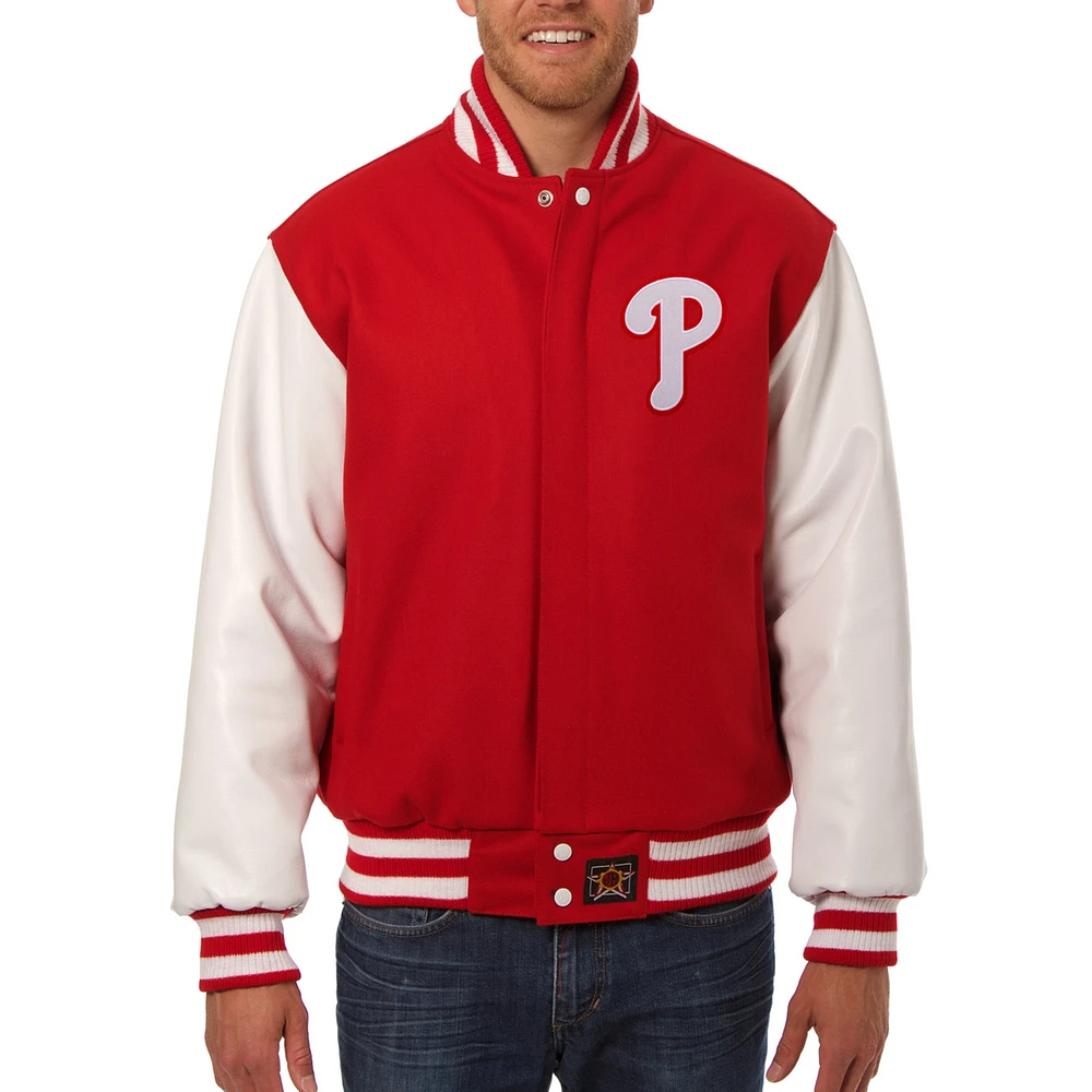 Men's JH Design Red Philadelphia Phillies Wool Leather Full-Snap Jacket