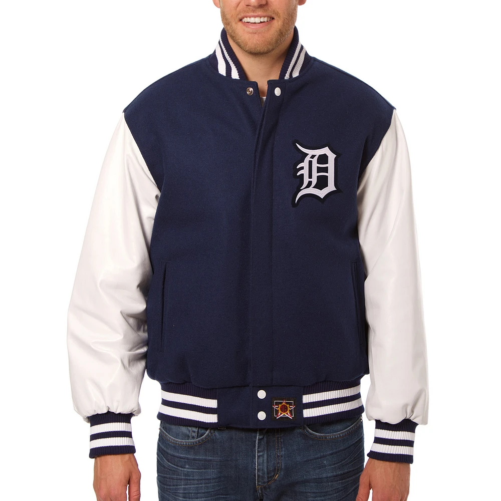 Men's JH Design Navy Detroit Tigers Wool Leather Full-Snap Jacket