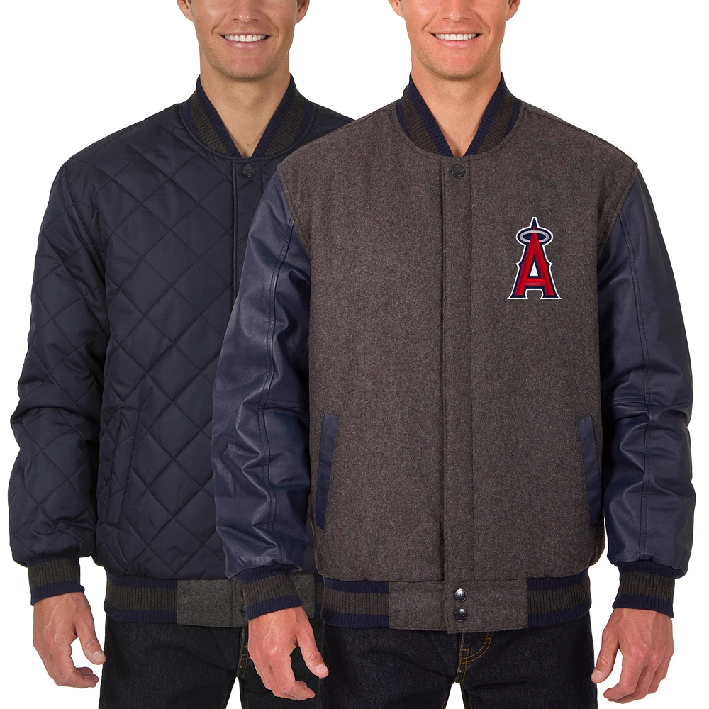 Men's JH Design Charcoal/Navy Los Angeles Angels Wool Leather Reversible Full-Snap Jacket