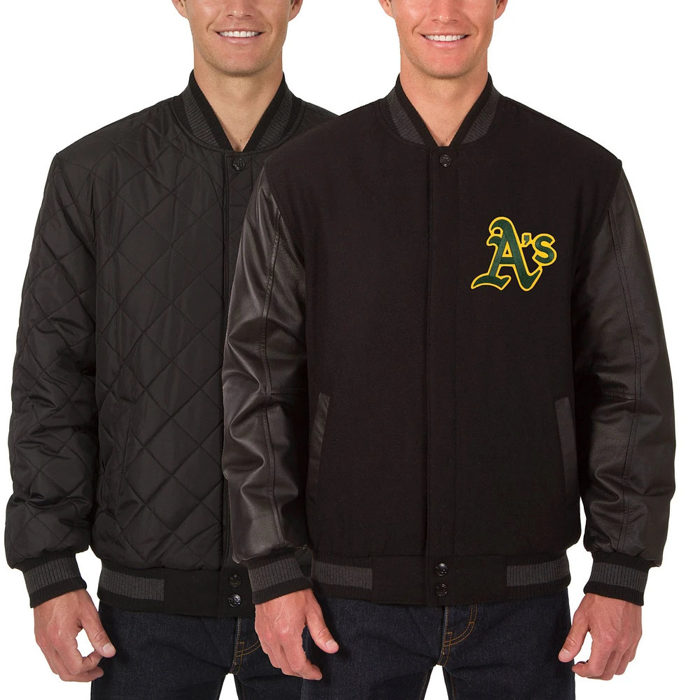 Men's JH Design Black Athletics Wool Leather Reversible Full-Snap Jacket
