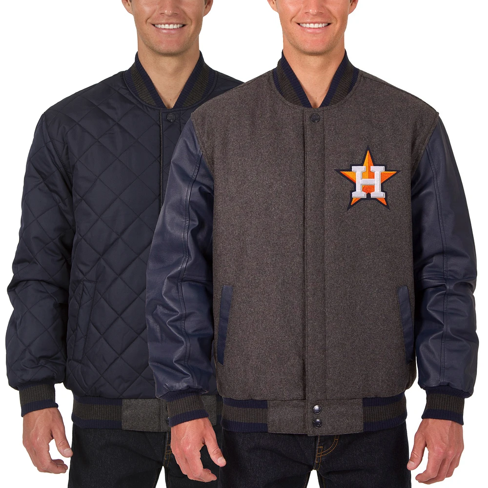 Men's JH Design Charcoal/Navy Houston Astros Wool Leather Reversible Full-Snap Jacket